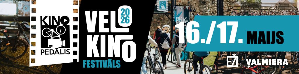 Velo kino festivāls Valmierā 2026 info plakāts. Pasākums norisināsies 16. un 17. maijā 2026 gadā Valmierā